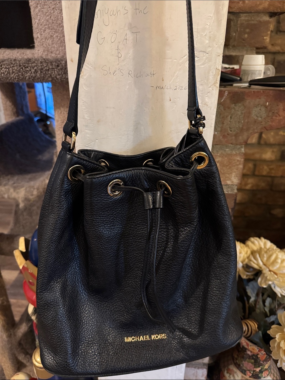 Michael Kors Black Pebbled Leather Drawstring Bucket Bag with Gold Hardware - Picture 5 of 5